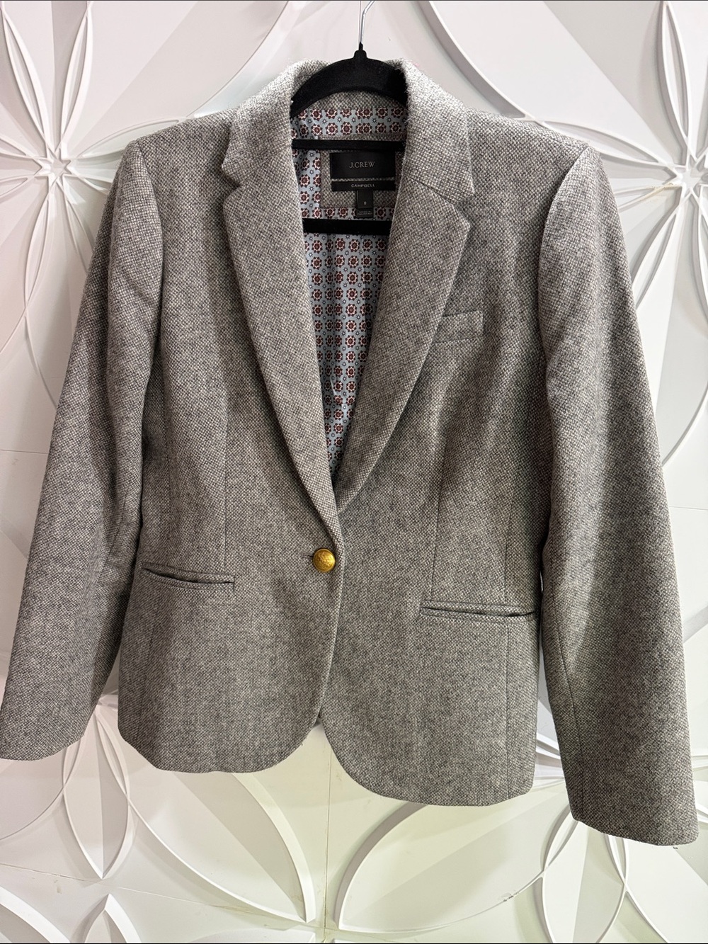 J. Crew Campbell Gray Herringbone Tailored Wool Blazer with Gold Button